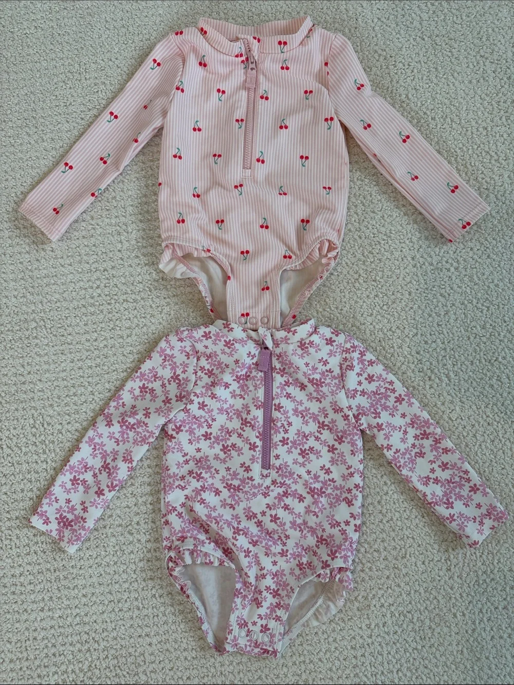 Carter's Pink Long-Sleeve Cherry & Floral One-Piece Swim Suits - 2 Bundle